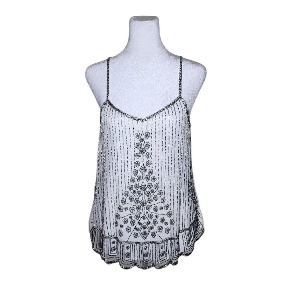 Saks Fifth Avenue Beaded Mesh Tank Top Camisole Womens L White Deco Glam